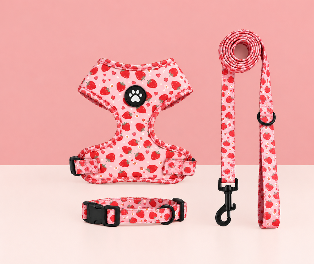 Lot fraise harnais, laisse et collier