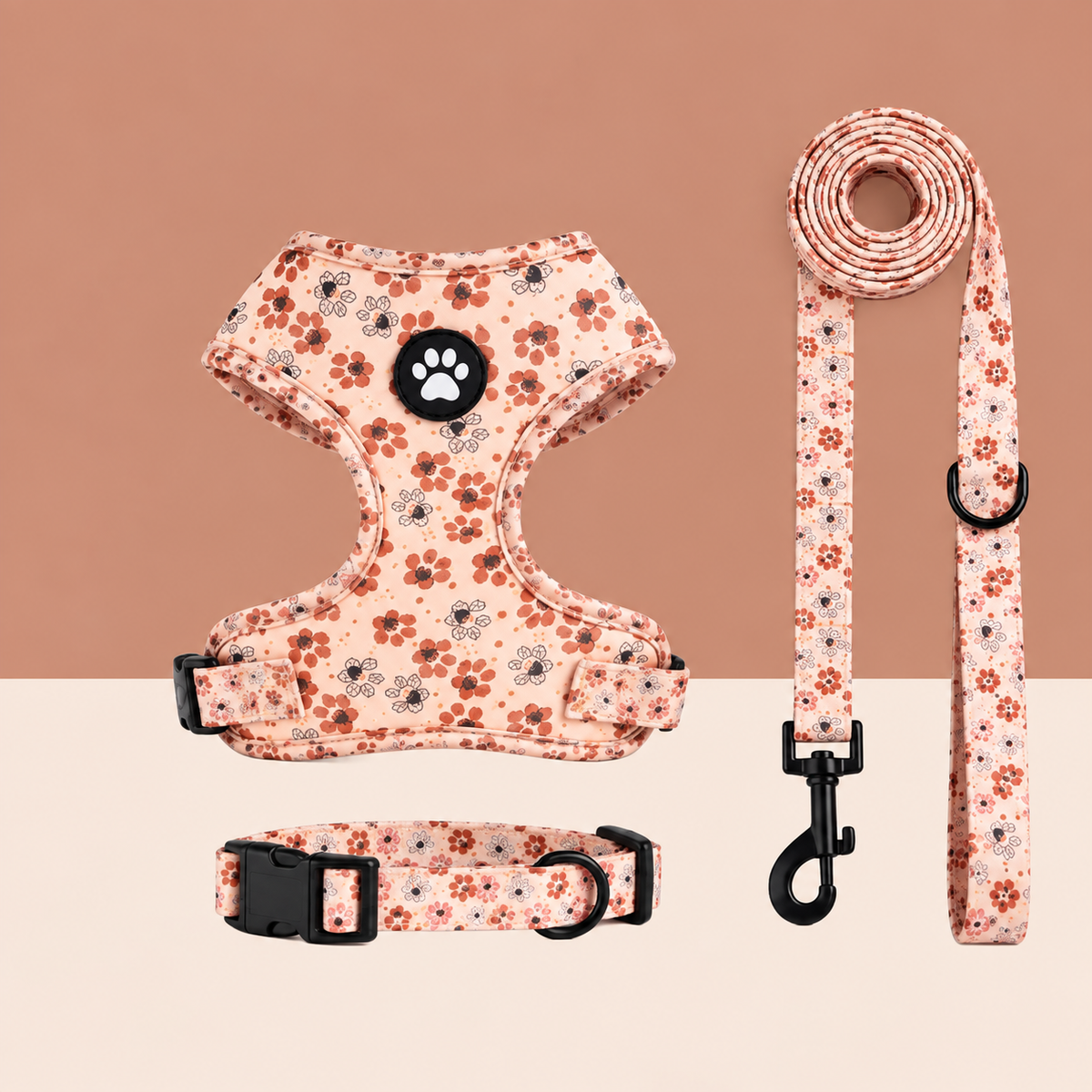 Lot fleur harnais, laisse et collier