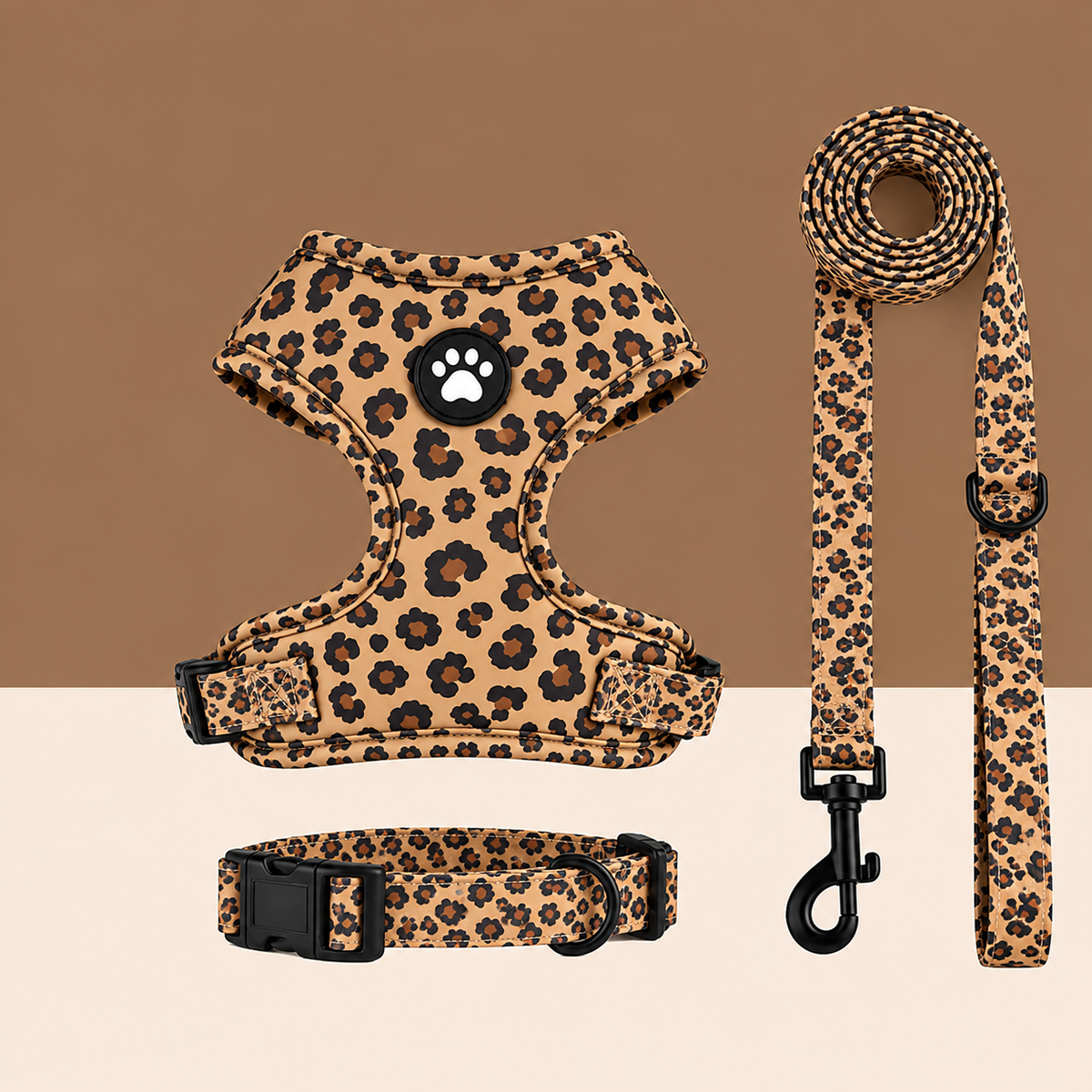 Lot léopard harnais, laisse et collier