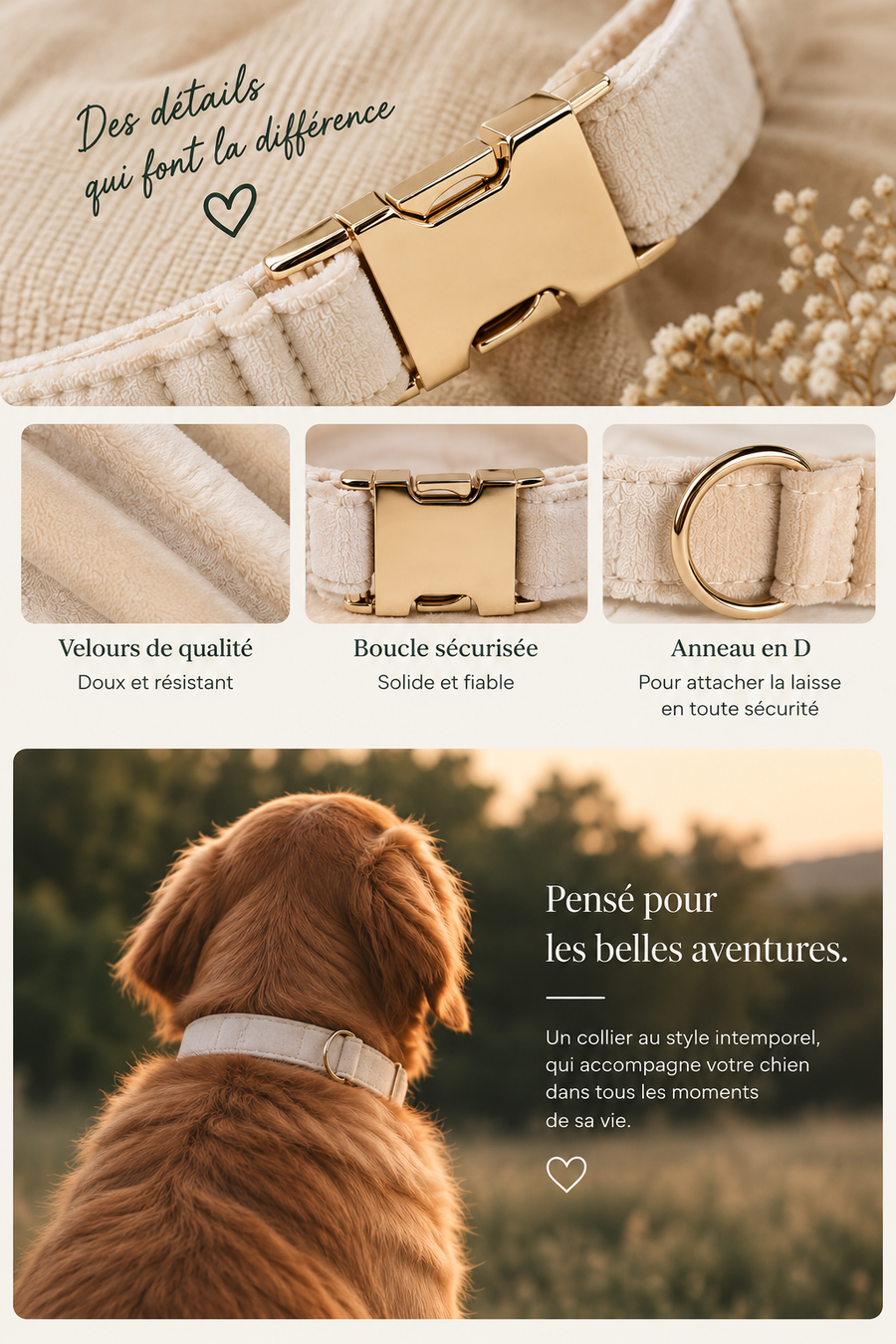 Détails du collier Collier velours blanc crème