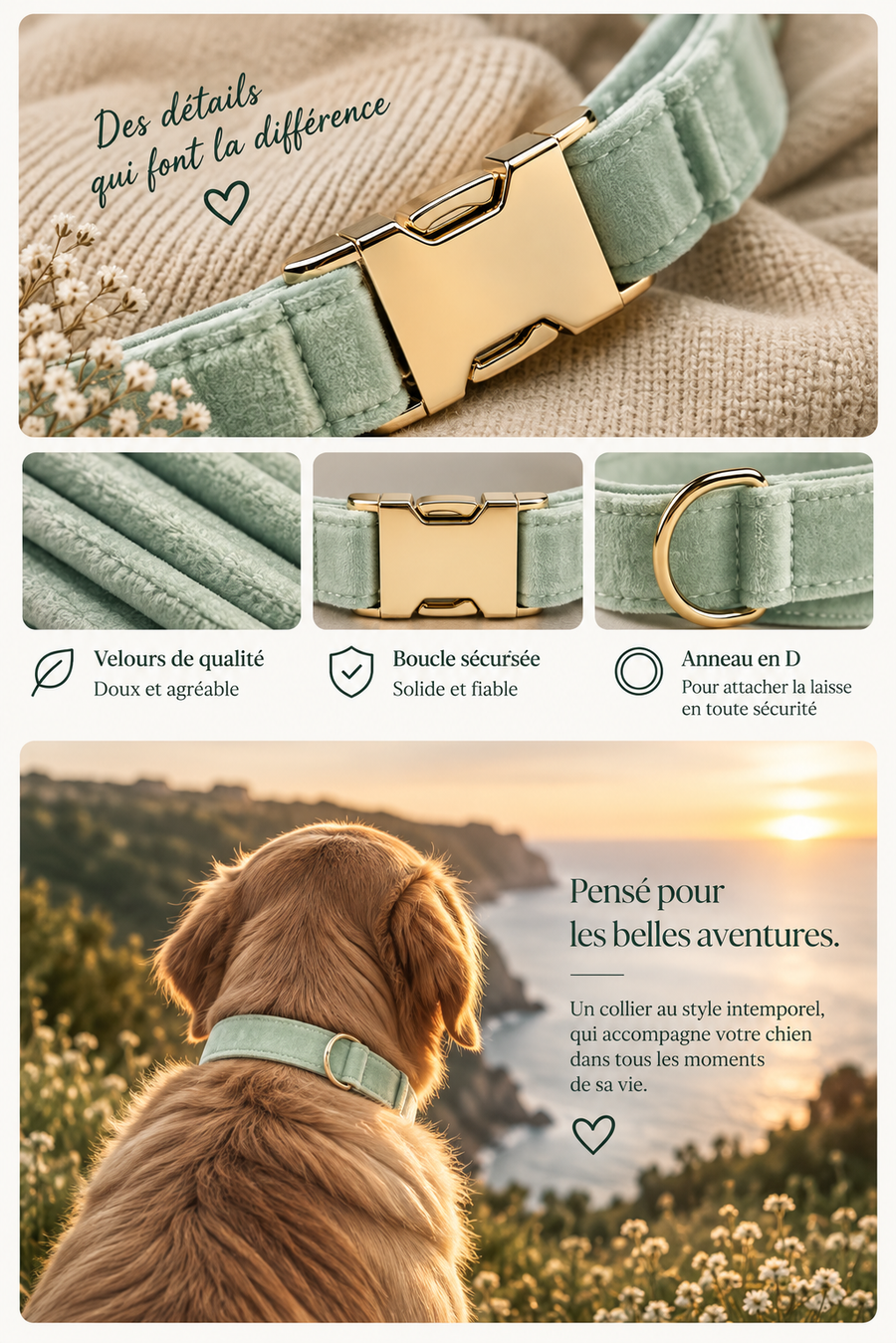 Détails du collier Collier velours vert clair