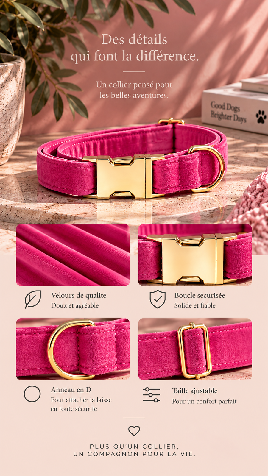 Détails du collier Collier velours rose